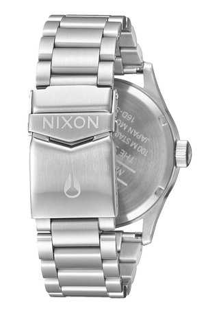 Image of the Nixon Sentry Stainless Steel Black Sunray watch, showcasing its black design and stainless steel bracelet.