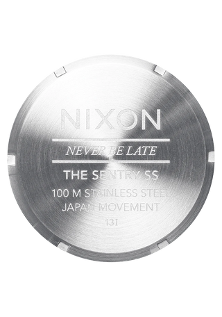 Image of the Nixon Sentry Stainless Steel Black Sunray watch, showcasing its black design and stainless steel bracelet.