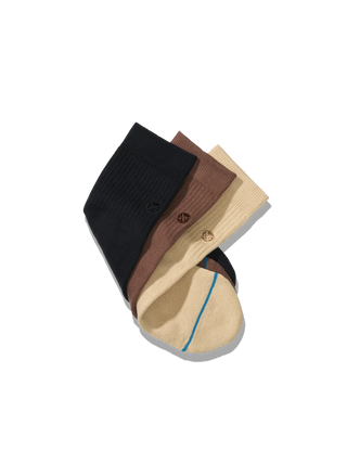 Stance Icon Quarter 3 Pack Socks in Tan — 3-pack with targeted cushioning, arch support, seamless toe closure, quarter height, medium cushioning, stay-put fit
