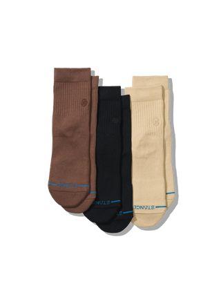 Stance Icon Quarter 3 Pack Socks in Tan — 3-pack with targeted cushioning, arch support, seamless toe closure, quarter height, medium cushioning, stay-put fit