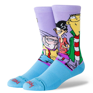 Stance Ed Edd Eddy Crew Socks in Purple — combed cotton blend with medium cushioning and seamless toe closure, featuring bold Ed Edd n Eddy cartoon graphics.

