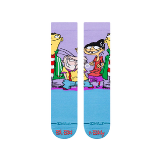 Stance Ed Edd Eddy Crew Socks in Purple — combed cotton blend with medium cushioning and seamless toe closure, featuring bold Ed Edd n Eddy cartoon graphics.

