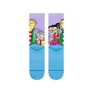 Stance Ed Edd Eddy Crew Socks in Purple — combed cotton blend with medium cushioning and seamless toe closure, featuring bold Ed Edd n Eddy cartoon graphics.

