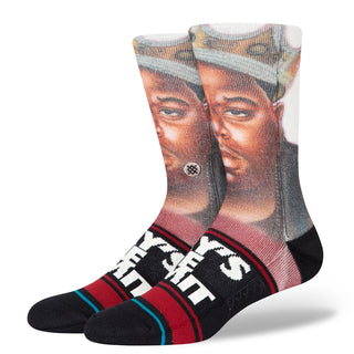 A pair of Black Notorious B.I.G. x Stance "Skys the Limit" Poly Crew Socks, a tribute to the rap legend.