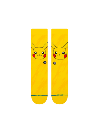 Stance Pikachu Bolt Crew Socks in Yellow — bold Pikachu graphic on front with all-over lightning bolt pattern, crew length, 30th Anniversary Pokémon collection