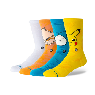 Stance Pokémon Trainer Box Set — 30th Anniversary 4-pack including Pikachu, Snorlax, and Arcanine crew socks plus an exclusive UV-reactive Poké Ball Crew with hidden Pokémon graphics visible in sunlight