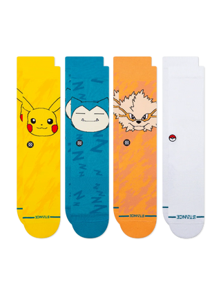 Stance Pokémon Trainer Box Set — 30th Anniversary 4-pack including Pikachu, Snorlax, and Arcanine crew socks plus an exclusive UV-reactive Poké Ball Crew with hidden Pokémon graphics visible in sunlight