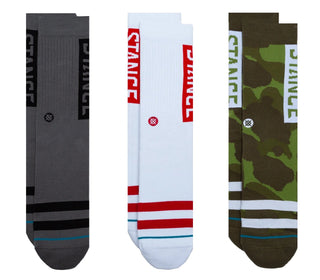 Three-pack of Stance OG Crew Socks in camo, offering plush underfoot cushioning and soft cotton blend comfort.