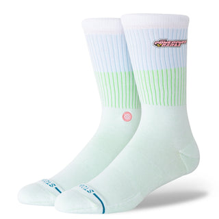 Stance Mojo Jojo Crew Socks in White — combed cotton crew with medium cushioning and seamless toe featuring the Powerpuff Girls villain Mojo Jojo in vibrant detail.

