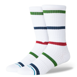 Stance Hudson Waffle Crew Socks in Multi — waffle texture with classic stripe design, targeted cushioning, arch support, seamless toe closure, crew height, medium cushioning, cotton blend