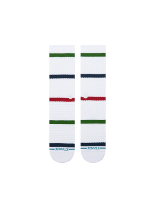 Stance Hudson Waffle Crew Socks in Multi — waffle texture with classic stripe design, targeted cushioning, arch support, seamless toe closure, crew height, medium cushioning, cotton blend