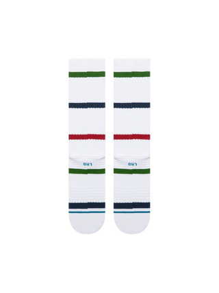 Stance Hudson Waffle Crew Socks in Multi — waffle texture with classic stripe design, targeted cushioning, arch support, seamless toe closure, crew height, medium cushioning, cotton blend