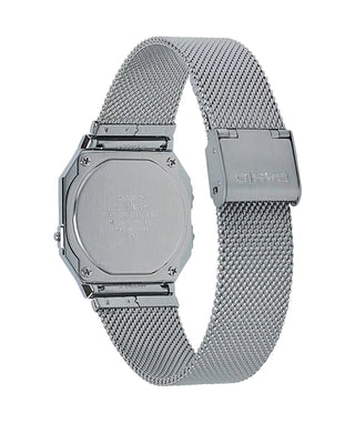 Casio A700WM-7AVT Vintage Silver Watch, super slim case, stainless steel mesh band, LED backlight, timeless elegance.