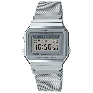 Casio A700WM-7AVT Vintage Silver Watch, super slim case, stainless steel mesh band, LED backlight, timeless elegance.