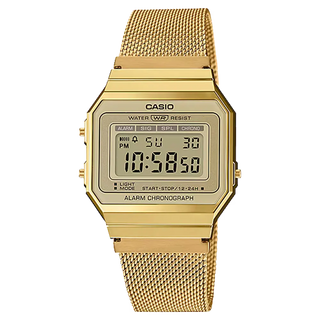 Casio Vintage A700WMG-9AVT gold watch with slim case, stainless steel mesh band, and LED backlight.