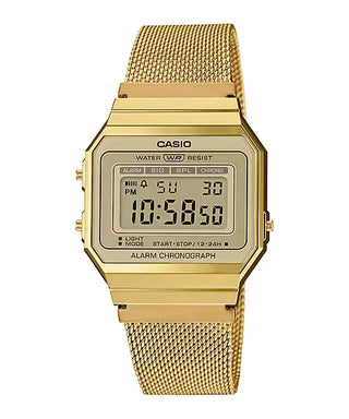 Casio Vintage A700WMG-9AVT gold watch with slim case, stainless steel mesh band, and LED backlight.