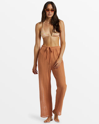 Billabong Largo Beach Pants, toffee-colored, relaxed fit, cropped leg, crochet knit, drawcord waist, metal branding.