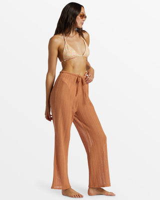 Billabong Largo Beach Pants, toffee-colored, relaxed fit, cropped leg, crochet knit, drawcord waist, metal branding.
