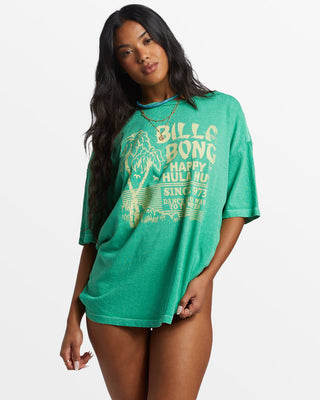 Billabong Hula Hut T-shirt in tropical green, oversized, cotton jersey, pigment-dyed, crew neck, short sleeves, screen-printed graphics.