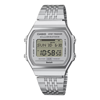 Casio Vintage ABL-100WE-7A Watch in White/Gold — classic digital display, resin case and band, LED backlight, water resistant, with auto calendar and daily alarm