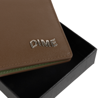 Dime Leather Bifold Wallet in Brown with Olive interior and metallic logo detail.