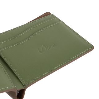 Dime Leather Bifold Wallet in Brown with Olive interior and metallic logo detail.