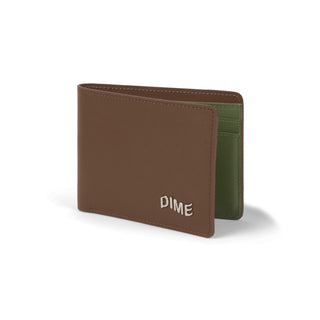 Dime Leather Bifold Wallet in Brown with Olive interior and metallic logo detail.