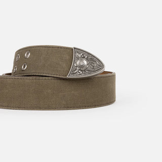 Dime Waxed Canvas Belt in Brown/Olive — waxed cotton canvas face with leather backing, double prong metal buckle, metal eyelets, and engraved metal belt tip with rhinestone detail