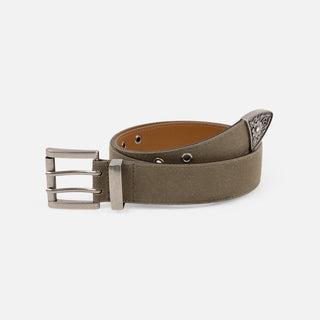 Dime Waxed Canvas Belt in Brown/Olive — waxed cotton canvas face with leather backing, double prong metal buckle, metal eyelets, and engraved metal belt tip with rhinestone detail