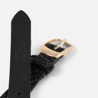 Dime Dress Leather Belt in Shaggy Black — 100% leather with laser engraved branded pin buckle and debossed Dime logo on interior