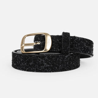 Dime Dress Leather Belt in Shaggy Black — 100% leather with laser engraved branded pin buckle and debossed Dime logo on interior