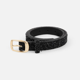 Dime Dress Leather Belt in Shaggy Black — 100% leather with laser engraved branded pin buckle and debossed Dime logo on interior