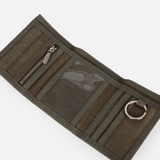 Dime Waxed Velcro Wallet in Olive — 100% waxed cotton canvas with molded TPU branded tab, bill pocket, 3 card slots, coin pocket with metal zipper, ID window, hidden slot, and 32mm branded keyring