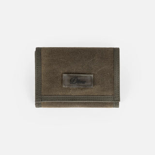 Dime Waxed Velcro Wallet in Olive — 100% waxed cotton canvas with molded TPU branded tab, bill pocket, 3 card slots, coin pocket with metal zipper, ID window, hidden slot, and 32mm branded keyring