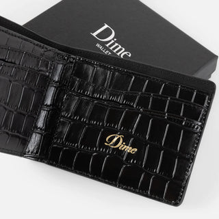 Black croc-embossed Dime bifold wallet, sleek compact design.