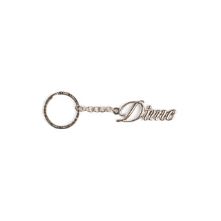 Silver Dime Cursive Keychain, durable zinc alloy, sophisticated cursive logo design.