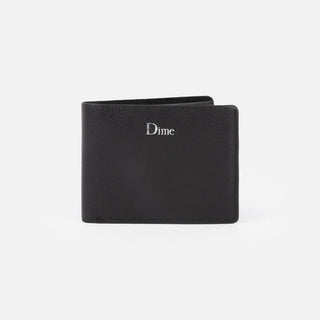 Black wallet with 'Dime' branding on a light gray background