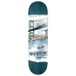 Robbie Russo Pro Model Anti-Hero Cityscapes Skateboard Deck, 8.50"x32.18", with traditional maple construction and unique wood grain colors.