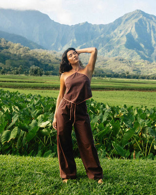 Billabong Double Take Pant in teak with elastic waist, drawcord, and contrast side binding.