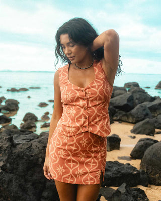 Billabong Sunny Waves Vest in dark coral with button front, waist ties, and relaxed cotton-linen fit.