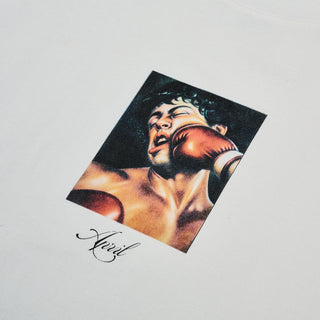 April Skateboards Knockout Tee in White with a boxing graphic centered on the chest and script April logo underneath