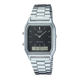 Casio watch with silver metal strap on a white background