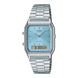 Silver Casio watch with light blue face on a white background