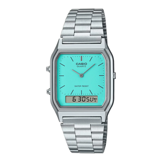 Casio AQ-230A-2A2VT watch, turquoise dial, analog and digital display, stainless steel band, retro and modern design.