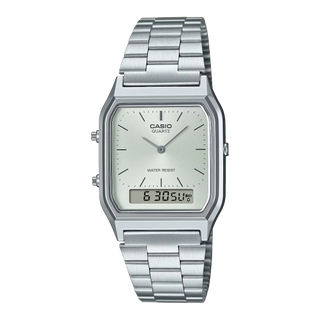 Casio Vintage AQ230A-7AVT Watch with analog and digital display, silver stainless steel band, and angular case.