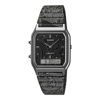 "Casio × Liberty AQ230EBLT-1A Watch — angular AQ230 analog-digital face, Liberty Paisley Fanfare laser-engraved band and dial, Liberty logo engraved buckle, unisex"