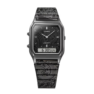 "Casio × Liberty AQ230EBLT-1A Watch — angular AQ230 analog-digital face, Liberty Paisley Fanfare laser-engraved band and dial, Liberty logo engraved buckle, unisex"