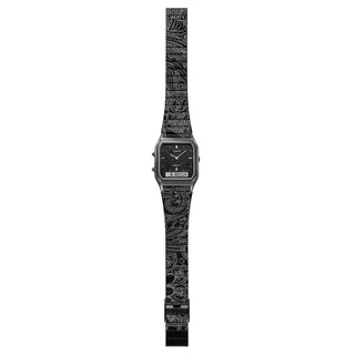 "Casio × Liberty AQ230EBLT-1A Watch — angular AQ230 analog-digital face, Liberty Paisley Fanfare laser-engraved band and dial, Liberty logo engraved buckle, unisex"