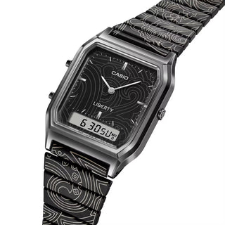 "Casio × Liberty AQ230EBLT-1A Watch — angular AQ230 analog-digital face, Liberty Paisley Fanfare laser-engraved band and dial, Liberty logo engraved buckle, unisex"