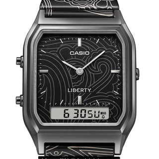 "Casio × Liberty AQ230EBLT-1A Watch — angular AQ230 analog-digital face, Liberty Paisley Fanfare laser-engraved band and dial, Liberty logo engraved buckle, unisex"